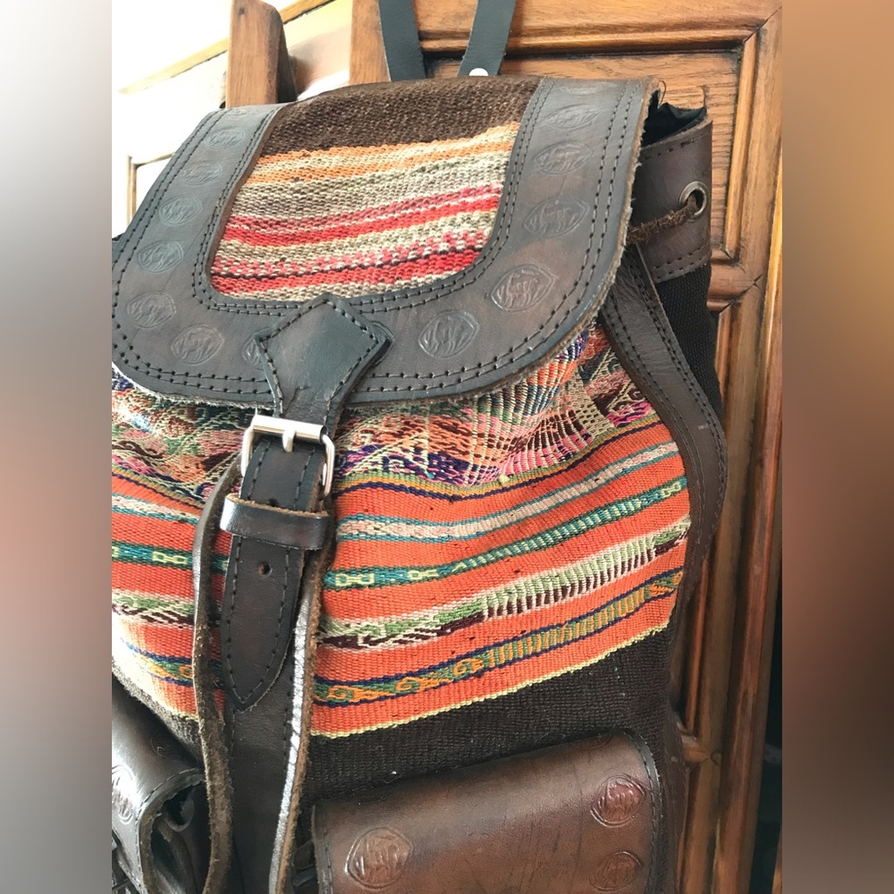 Vintage Dark Brown Tooled Leather and Woven Fabric Backpack